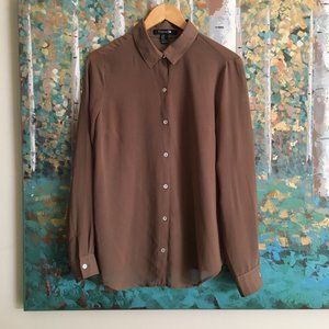 F21 Brown Pleated Button Down Dress Shirt